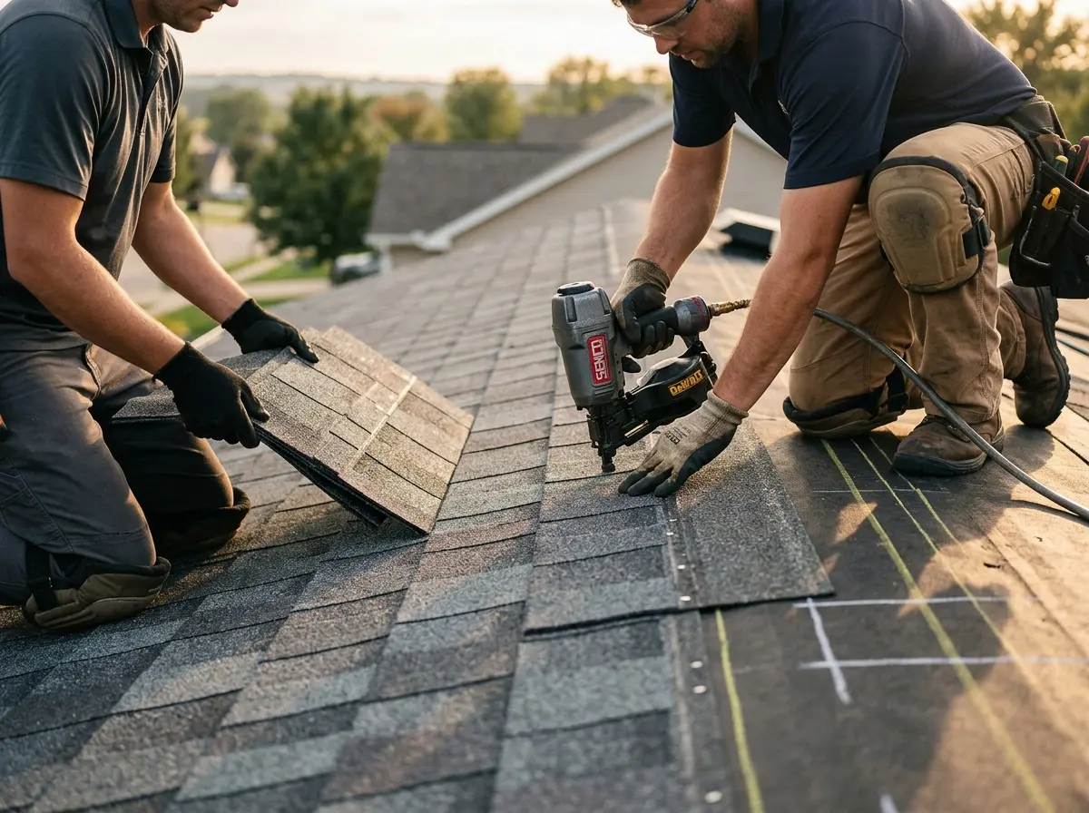 Professional roofer working on a residential roof in Whitney